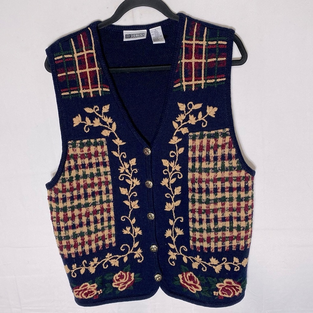 Vintage Russ Navy Tan Burgundy Green Plaid Ramie Cotton Knit Button Front Vest S